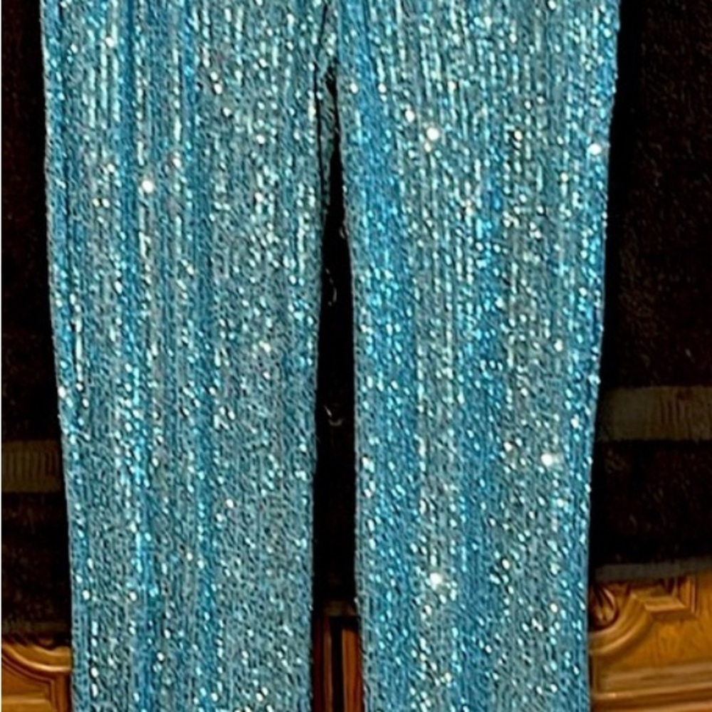 Pre-loved ASOS DESIGN Tall straight sequin ankle grazer turquoise pants. Size 6